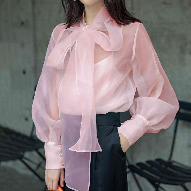White Perspective Blouse For Women Bow Collar Long Sleeve Casual Shirts Female Fashionable Clothing Spring 210524