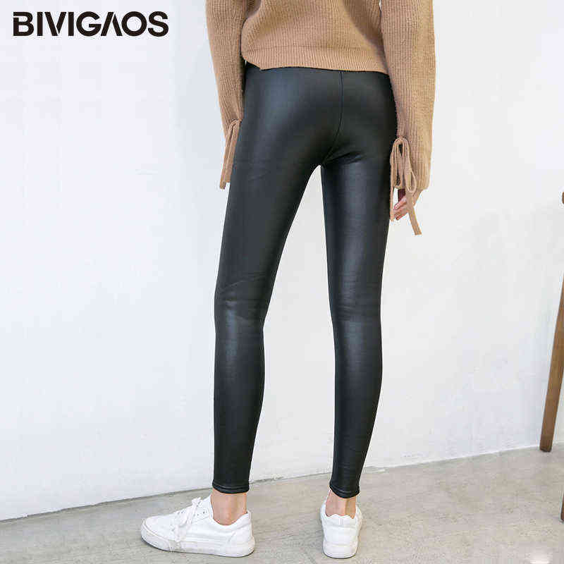 BIVIGAOS Women's Autumn Winter Warm Leggings Black Stretch Faux Leather Velvet Pants Thick 6XL Punk 211204