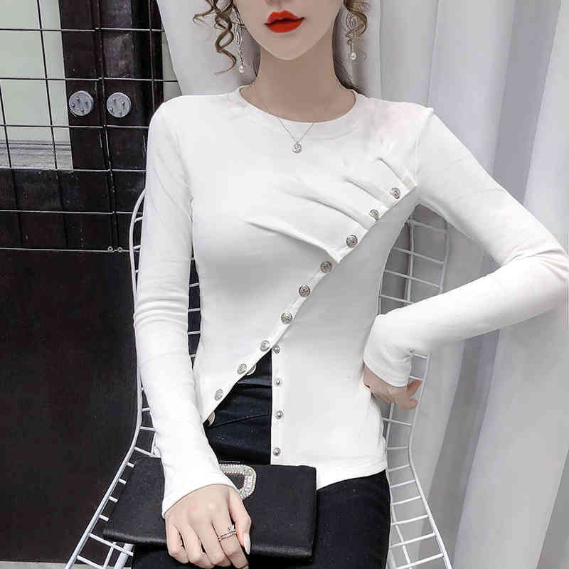 Kimutomo Irregular Long Sleeve T-shirt Spring Chic Fashion Ladies O-neck Oblique Buttons Split Slim Tops Knitwear Elegant 210521