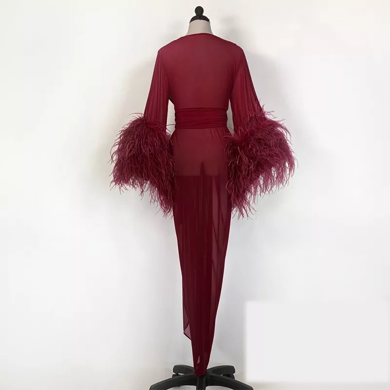 Burgundy Kinono Sleepwear Gowns Prom Dresses Luxury Feather Maternity Robes Women Photoshoot Bathrobe Fluffy Party Custom Made