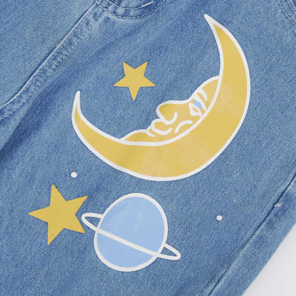 Straight Women's Cute Jeans Baggy Vintage High Waist Moon Star Pattern Young Girls Denim Pants Streetwear Female Long Jeans 210702