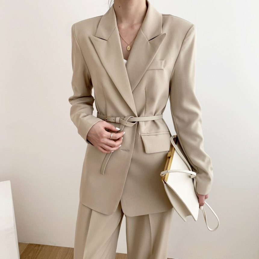 Comelsexy Autumn Winter Minimalist Blazer with Belt Single Breasted Long Sleeve Formal Chic Women Jacket Outwear Female 210515