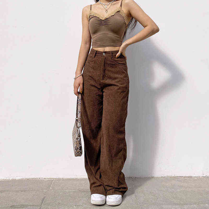 Brown Corduroy Pants Women Harajuku Cargo Y2K Retro Trousers Spring Low Waisted 90S Streetwear Oversize 3XL 211115