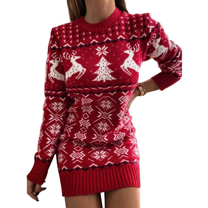 Casual Dresses Women Christmas Jacquard Knitted Loose Fit Long Sleeve O-neck Dress For Autumn Winter Warm Red White, Black
Casual Dresses Women Christmas Jacquard Knitted Loose Fit Long Sleeve O-neck Dress For Autumn Winter Warm Red White, Black