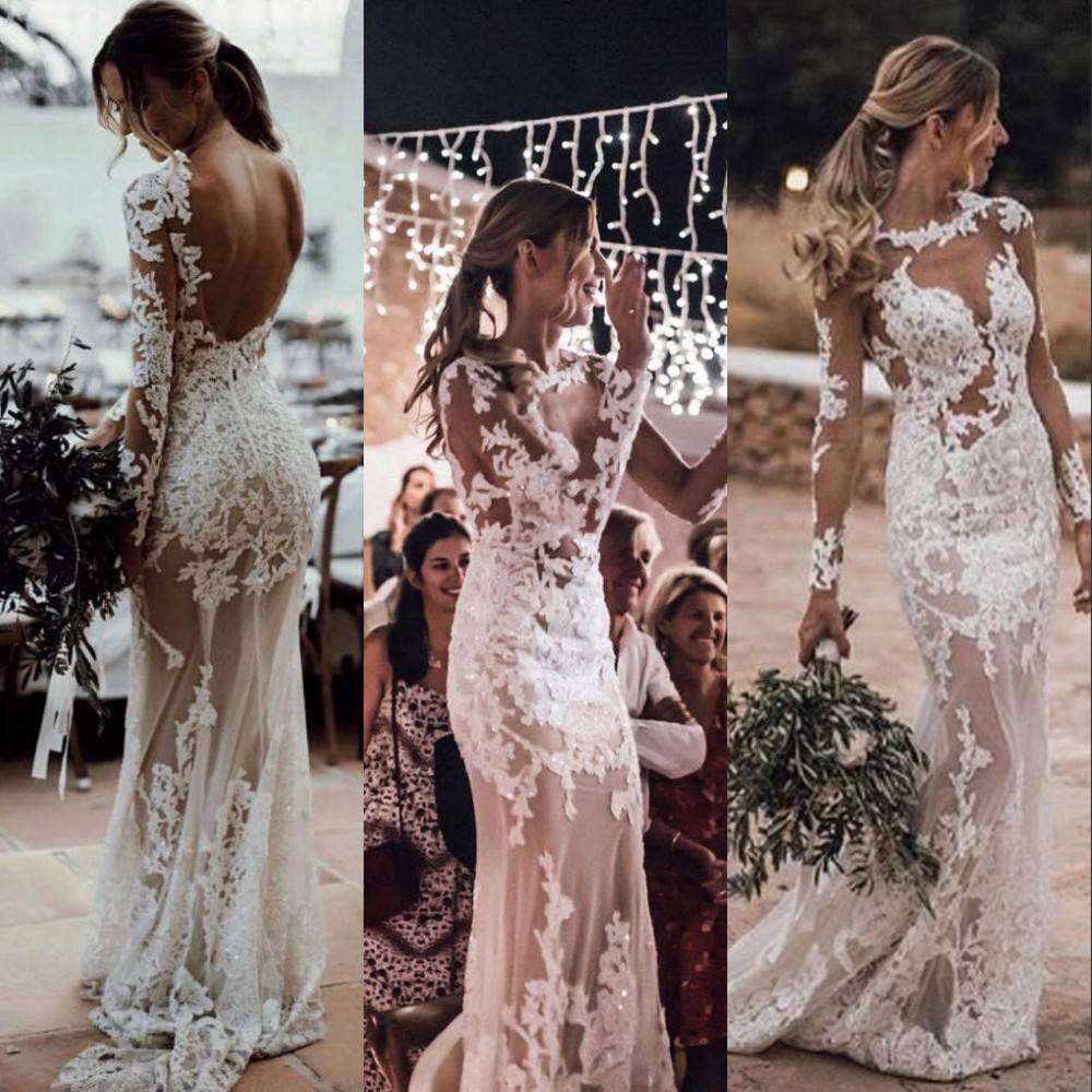 2021 Sexy Sheer Bohemian Mermaid Wedding Dresses Jewel Neck Illusion Long Sleeves Sheath Lace Appliqued Crystal Beads Backless Beach Boho Bridal Gowns