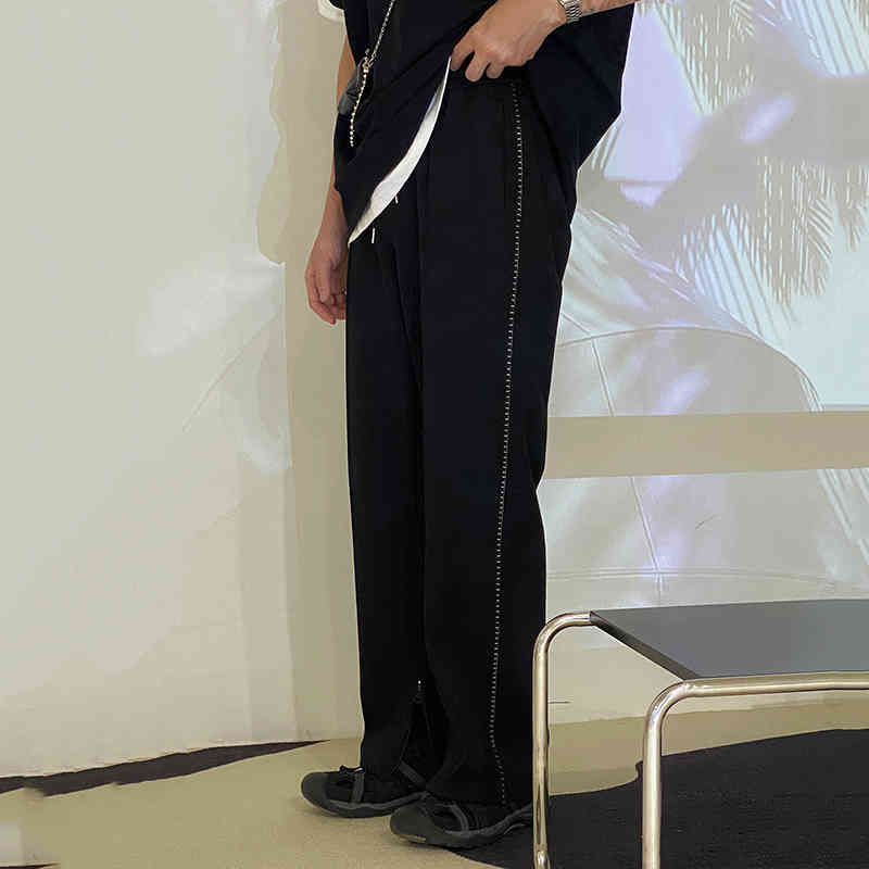 IEFB Men's Sports Casual Pants Korean Fashion Loose Straight Zipper Split Hem Black Sweatpants Spring Summer 9Y6916 210524