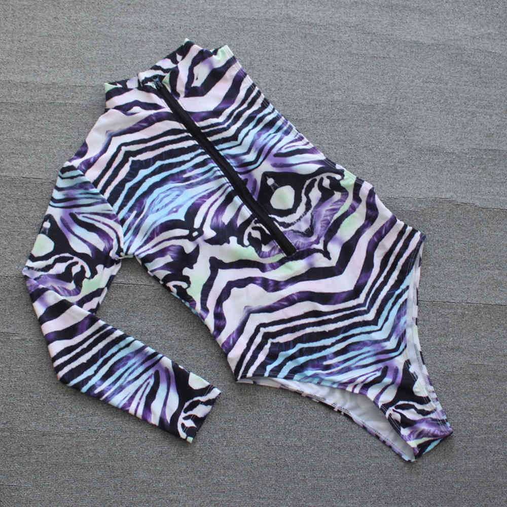 Women Swimsuit Long Sleeves Swimwear Bodysuit Monokini Print Bathing Suits Summer Beach Wear Swimming Suit XL 210520
