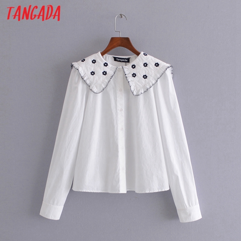 Women Retro Flowers Embroidery Oversize Collar Long Sleeve Chic Female Blouse Shirt Tops 3H51 210416