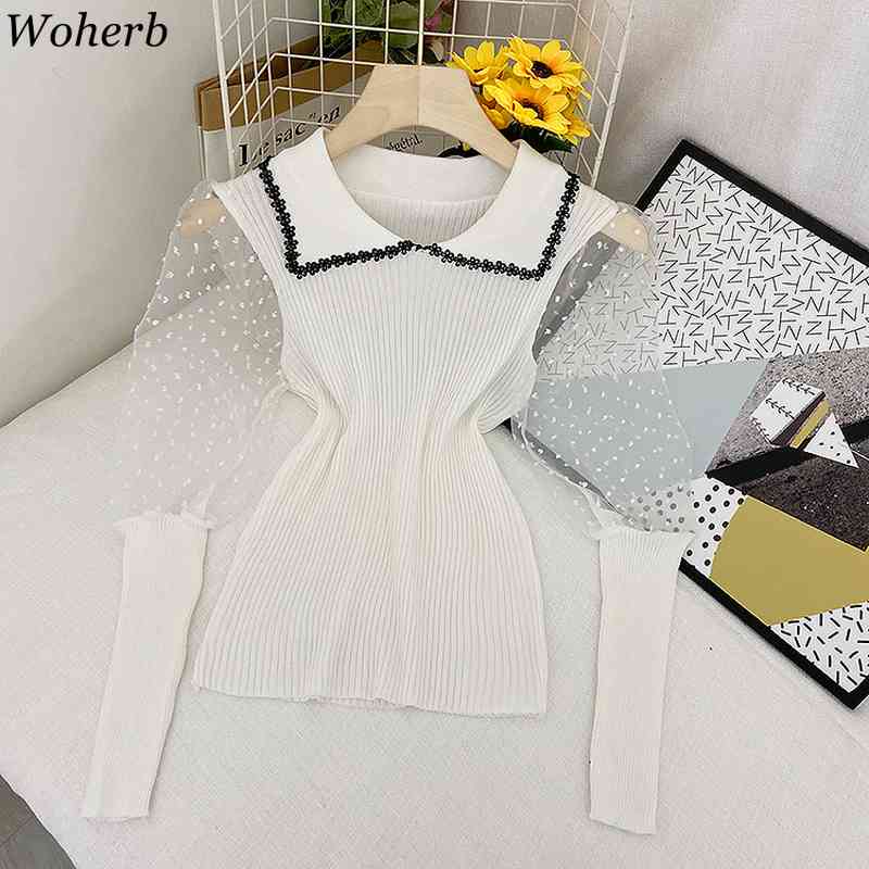 Long Puff Sleeve Ins Tops Women Knitted Stretch Solid Blouse Polka Dot Mesh Casual Shirts Blusas Femininas Elegante 210519