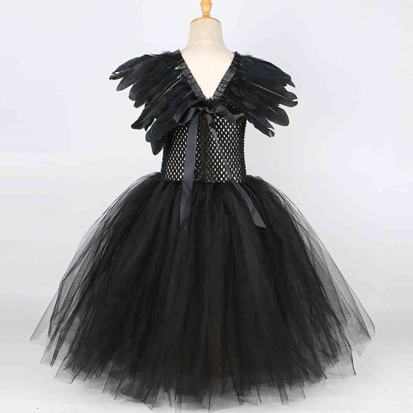 Black Feather Halloween Costumes for Girls Kids Evil Queen Long Tutu Dress with Horns Wings Villian Witch Cosplay Outfit Set 211130