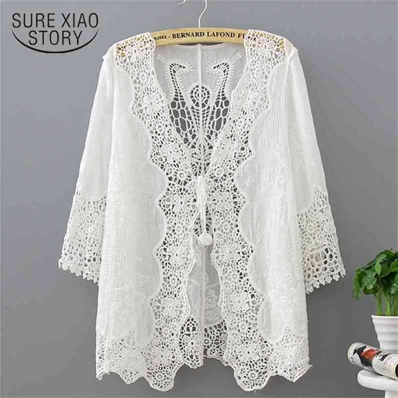 fashion white hollow lace blouse women shirt loose plus size summer ladies tops blusas 0321 40 210506