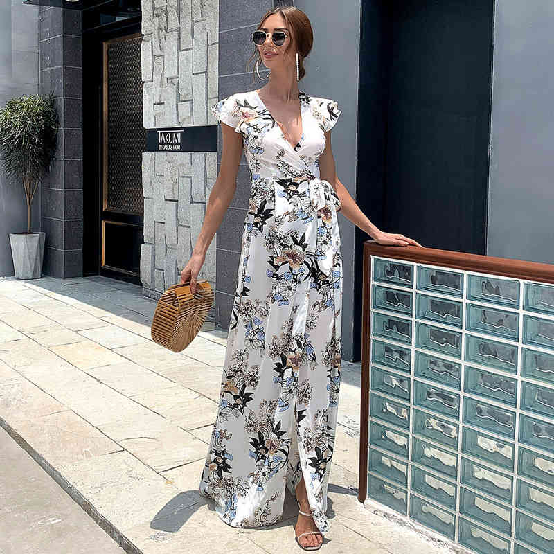 Women Dress V-neck Bandage Bohemian Dresses For Plus Size Sexy Long Flowers Girls Summer Fashion 210513