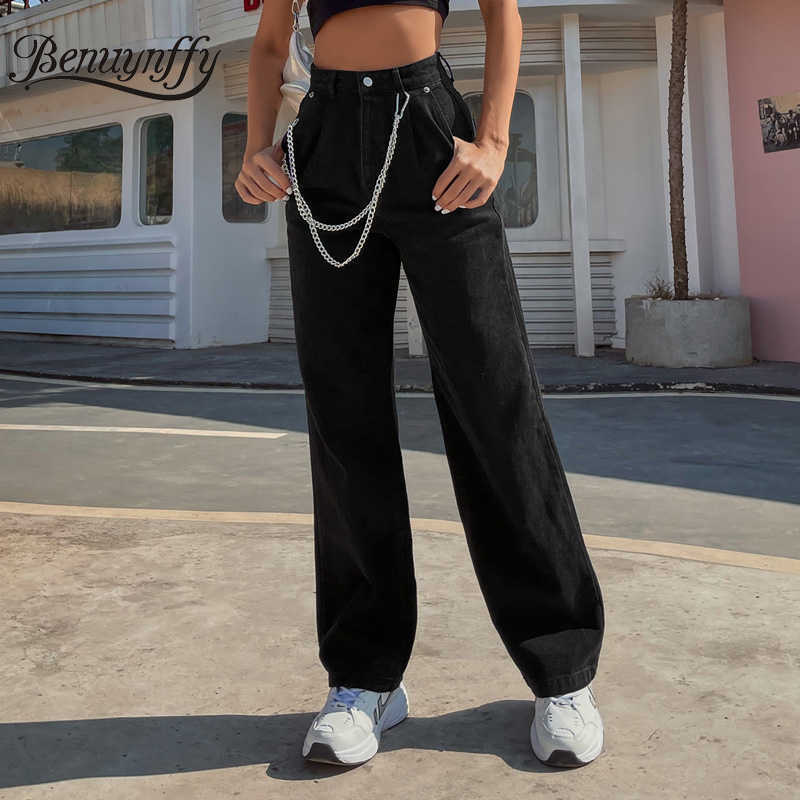 Benuynffy Zipper Fly Pockets Black Wide Leg Jeans Women Autumn Winter Casual Streetwear Ladies High Waist with Chain 210922