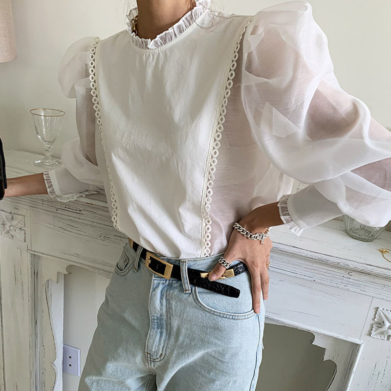Nomikuma Ruffle Stand Neck Women Tops Korean Perspective Mesh Puff Sleeve Patchwork Blouse Causal Spring Blusas Shirt 6E115 210427