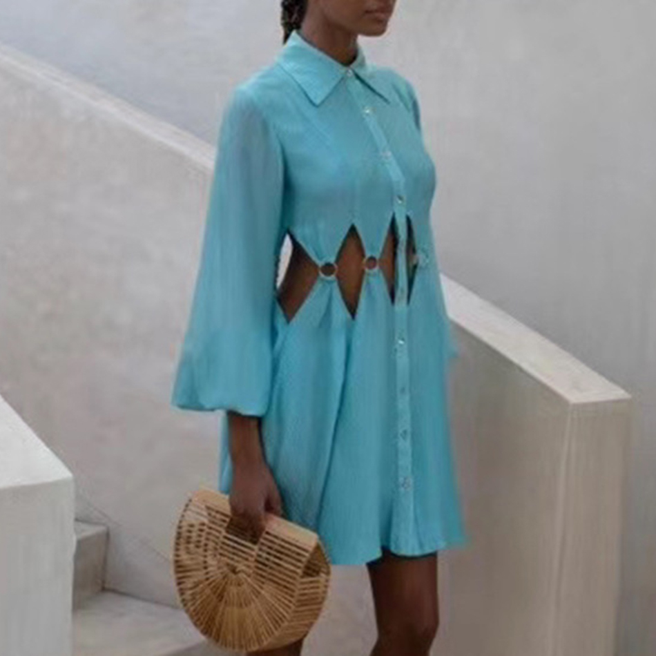 Free Fashion Shirt Dress Women's Blue Lapel Lantern Sleeve Sexy Hollow A Line Club Party Vestidos 210524