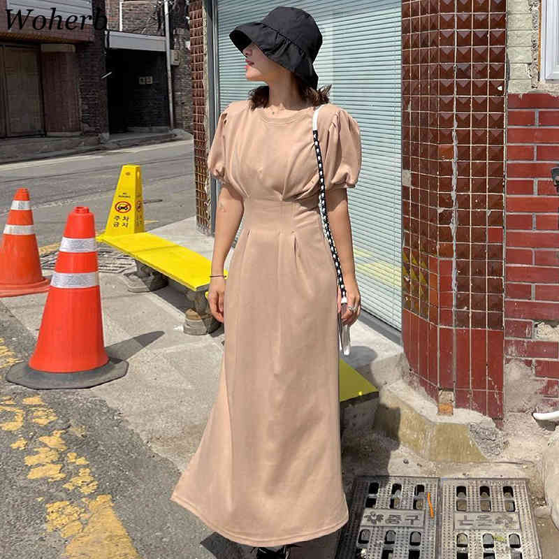 Vintage Puff Sleeve Dress Midi Summer A-Line Women Elegant Vestidos Largos Verano Robe Korean Solid Dresses Elegante 210519