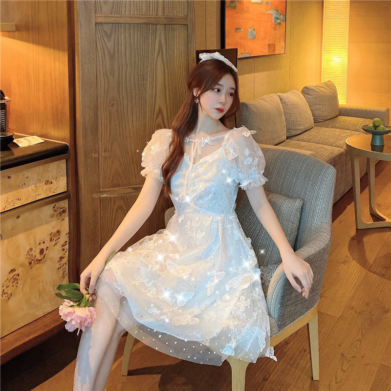 Elegant Women White Mini Dress Summer Sexy Tulle Short Sleeve Sweet Butterfly Party Dress Lady Vestidos 210518