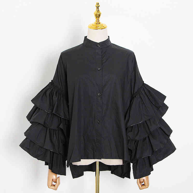 Patchwork Ruffle White Shirt For Women Stand Collar Long Sleeve Elegant Shirts Female Autumn Fashion 210524