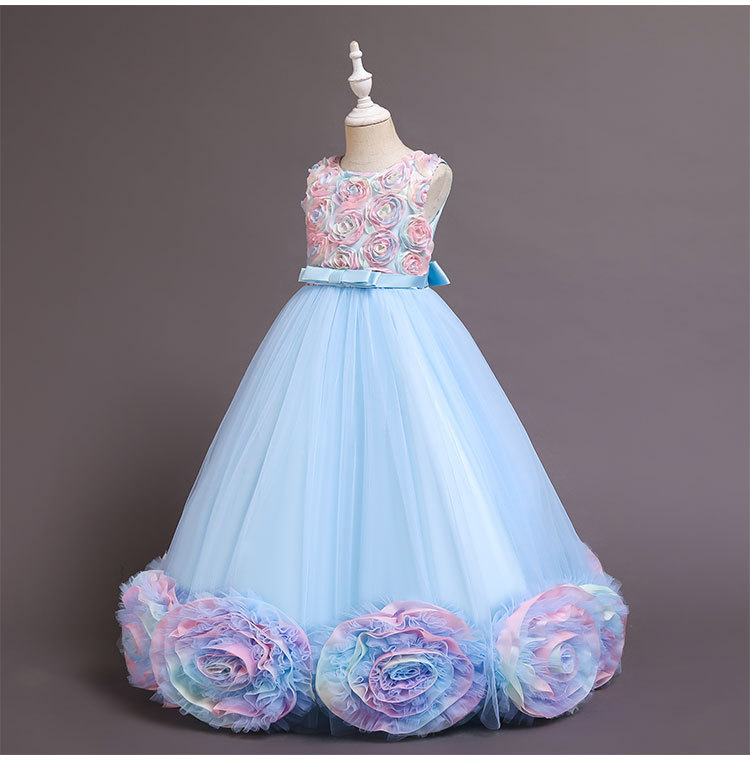 2021 Cute Flower Girl Dresses Jewel Neck 3D Florals Girl Pageant Gown Cascading Ruffle Sweep Train Custom Made Birthday Ball Gowns