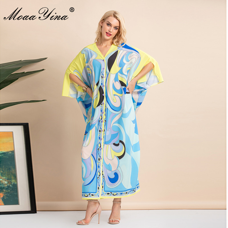 Women's Summer Long Dress Bohemian Style Multicolor V-Neck Batwing Sleeve Print Loose Maxi-Lenght Party 210524