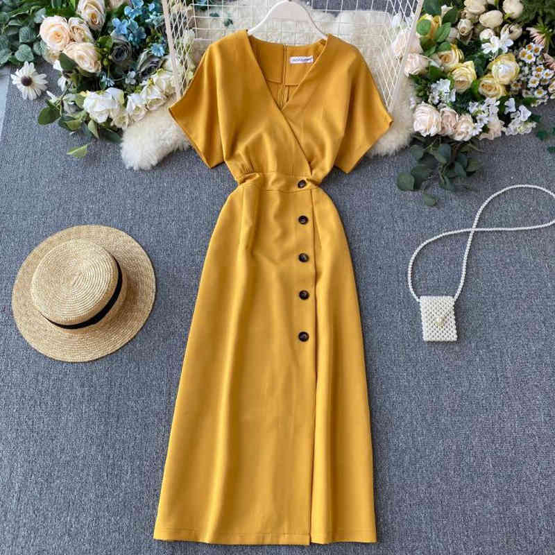 Summer Korean Solid Women Dress Vintage Short Sleeve Mid-Calf Party Dress Single-breasted V-Neck Vestidos Cute Clothing 210521