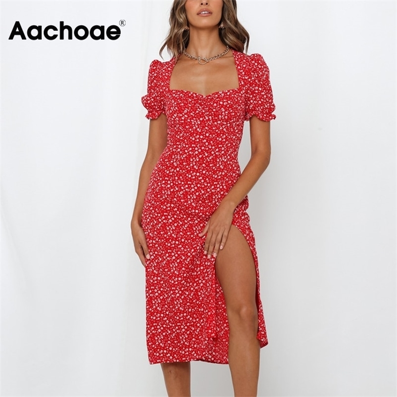 Aachoae Elegant Floral Print Dress Front Split Party Midi Butterfly Short Sleeve Vintage Red A Line Sundress Vestido 210623