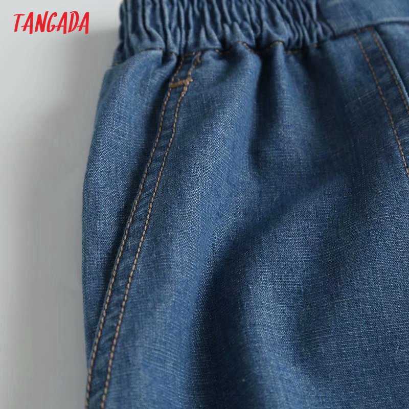 Tangada Fashion Women High Quality Loose Jeans Pants Long Trousers Strethy Waist Pockets Buttons Female 4C144 210922