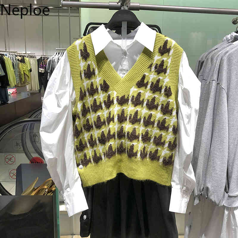Neploe Preppy Style Knit Plaid Vest Spring Autumn Sleeveless Sweater Coat Tops Women Knitted Cropped Casual Waistcoat Outwear 210422