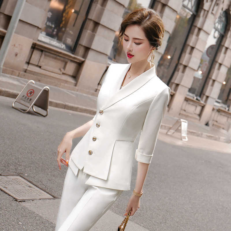 High Quality Casual Women's Suit Pants Two Piece Set summer elegant ladies white blazer jacket business attire 211118
