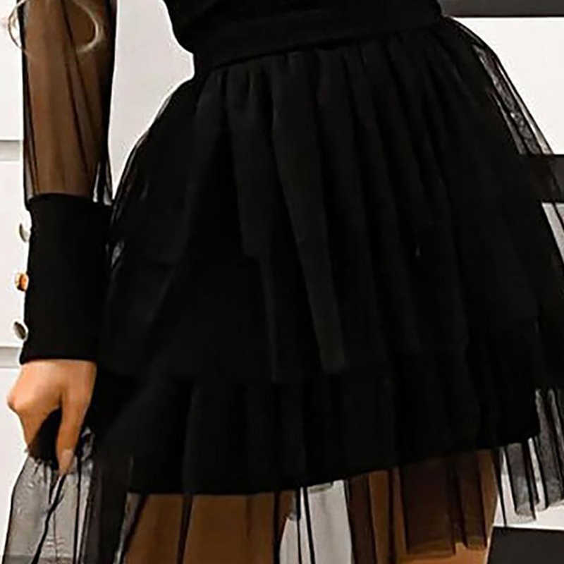 Women Fashion Black Mesh Splicing Cocktail Party Dress Club Dress Long Sleeve Mini Dress 210716