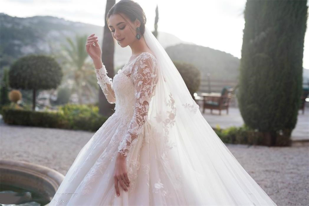 2021 Bridal Gowns Applique Lace Long Sleeve Wedding Dresses Arabic Muslim A Line Sheer Neck Ruched Formal Custom Made