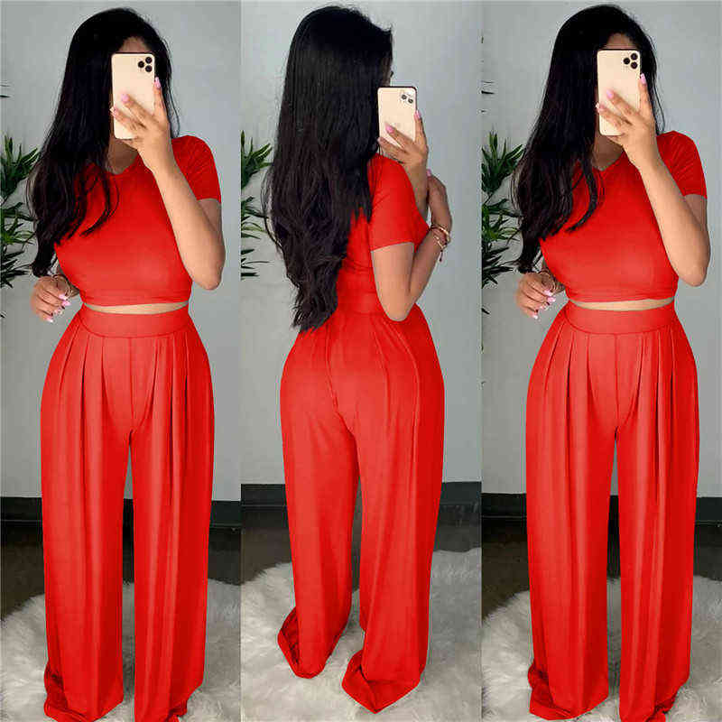 Wholesale Dropshpping High Quality Women Two-piece Sets Solid Color Tight Casual Top + Wide Leg Pants Elasticity 211105