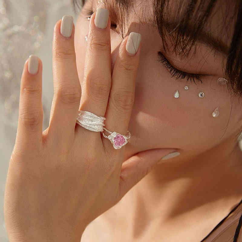 Yite S925 Sterling Silver Powder Diamond Love Lava Ring Female Simple Minority Design Cool Style Fashion