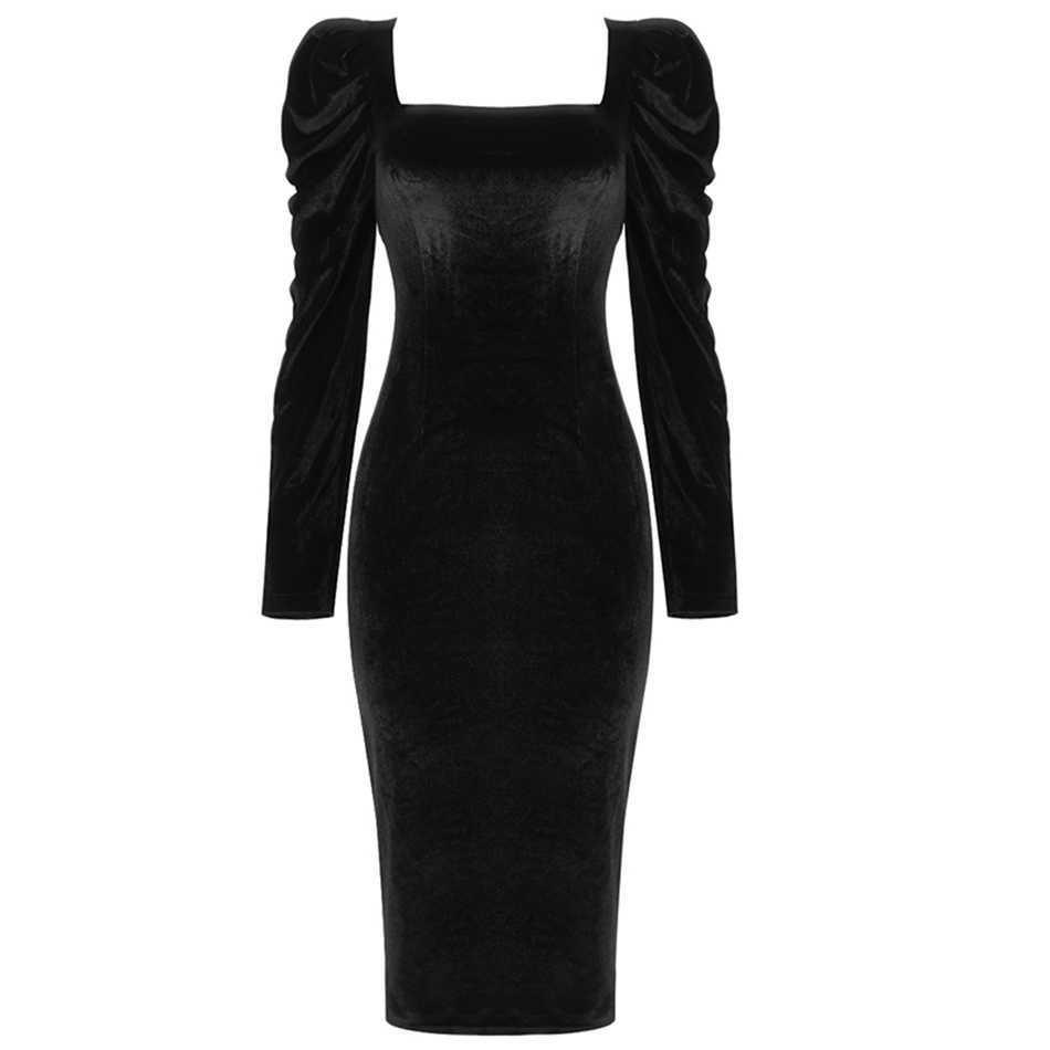 Women'S Black Velvet Knee-Length Long Sleeve Sexy Square Neck Celebrity Party Tight Club Dress Vestido 210527