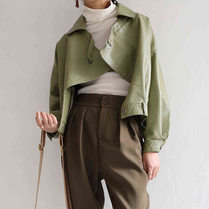 Fitaylor Loose Pu Leather Batwing Sleeve Vintage Leather Jacket Street Casual Outwear Ladies Biker Leather Coat Multicolor 211130