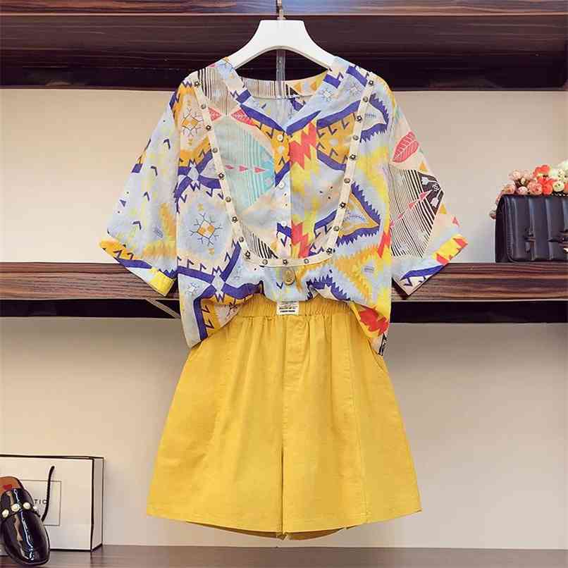 Elegant Ladies Printted Shorts Suit Summer Retro Rivet Chiffon Long Shirt With Elastic Waist 2pcs Set 210602, Yellow
Elegant Ladies Printted Shorts Suit Summer Retro Rivet Chiffon Long Shirt With Elastic Waist 2pcs Set 210602, Yellow