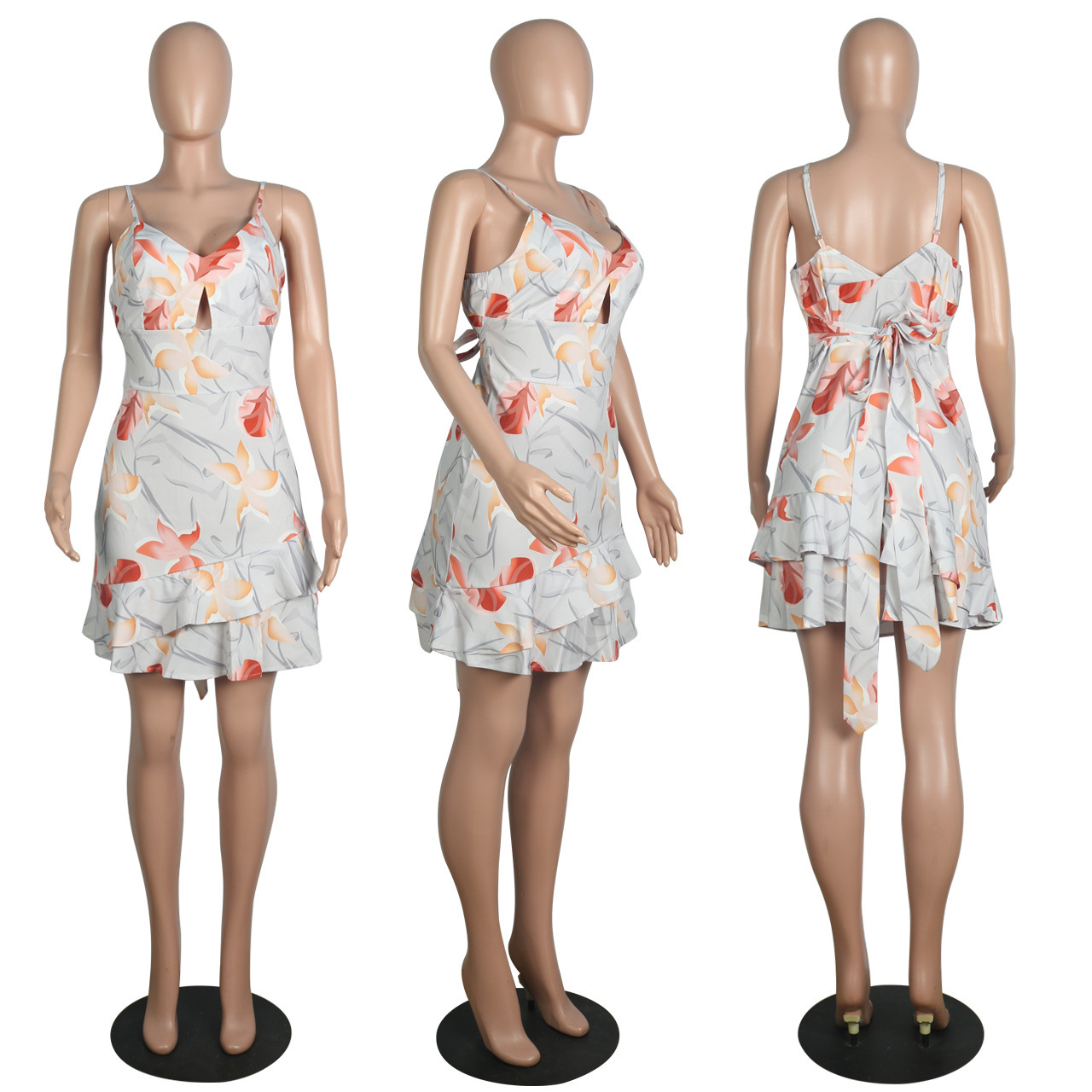 Women Dress V-neck Sleeveless Ruffles Summer se Plus Size Sexy Printing Flower Fashion 210524