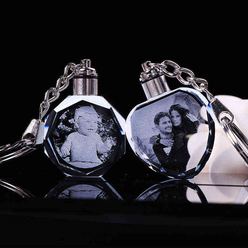 Custom K9 Crystal Key Chain Personalized Photo Pendant Picture Key Ring Trinket Laser Engraved LED Light Keychain Unique Gift H1126