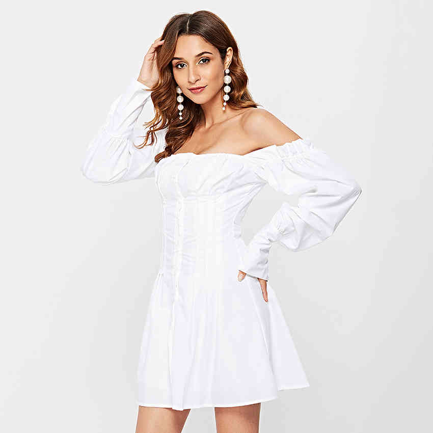 OOTN Sexy Off Shoulder White Tunic Dress Pleated Summer Women Long Sleeve Shirt Dress Female Ruffle Party Mini Dresses Elegant 210409