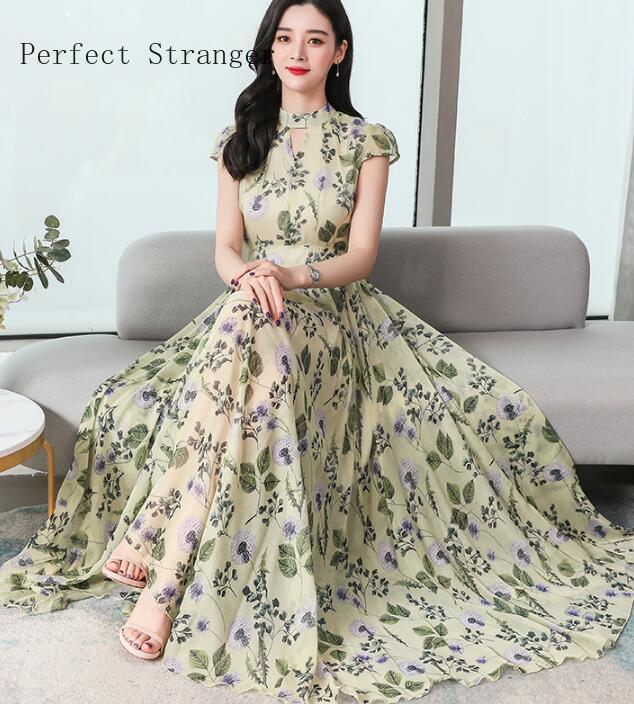 2021 summer new arrival bohemian style stand collar short sleeve flower printed women chiffon long dress, Black;gray
2021 summer new arrival bohemian style stand collar short sleeve flower printed women chiffon long dress, Black;gray