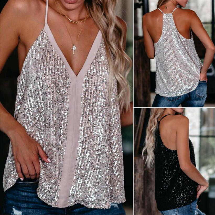 v neck loose sleeveless vest women camis sequin cocktail tees, White