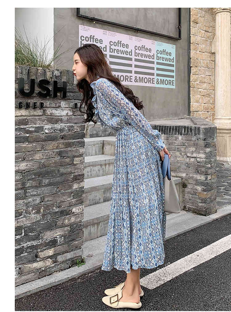 Spring Elegant Stand Collar Ruffles Women Dress Long Sleeve Geometric Plaid Female Chiffon Pleated Vestidos 210520
