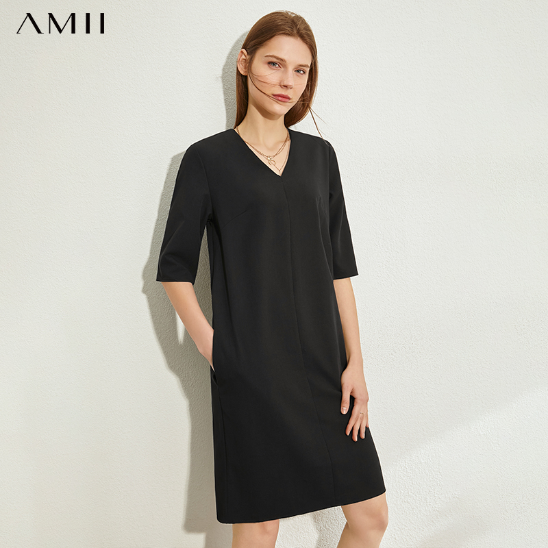 amii minimalism spring summer commuting style solid women dress caual simple vneck loose female knee-length dress 12060093, Black;gray
amii minimalism spring summer commuting style solid women dress caual simple vneck loose female knee-length dress 12060093, Black;gray