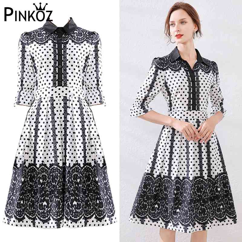 spring summer dresses for women polka dot printed turn down collar A-line high waist knee length 210421