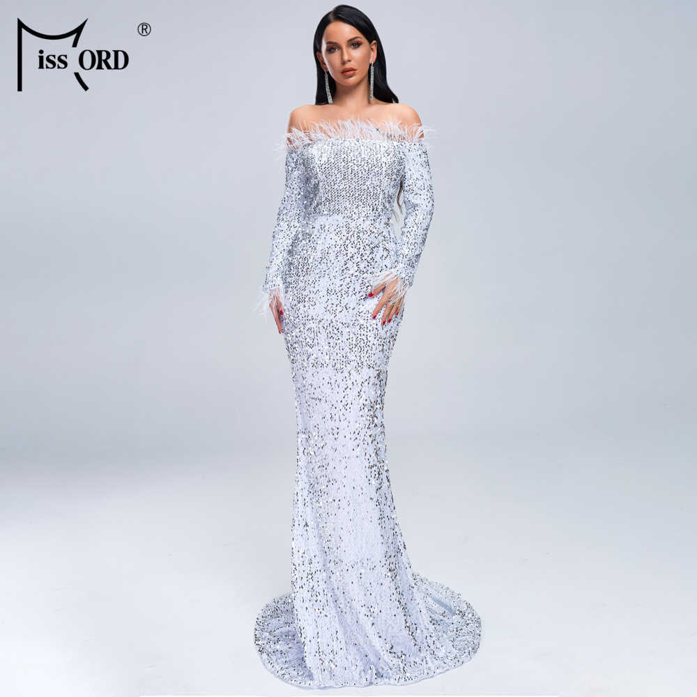 Missord Sexy Off Shoulder Feather Long Sleeve Sequin floor length Evening Party Maxi Reflective Dress Vestdios FT19005 210630