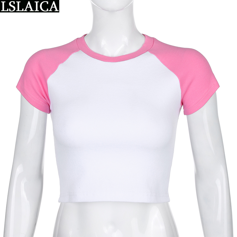 Summer women T-shirt short sleeve two color patchwork casual elegant knitted streetwear clothes 210520