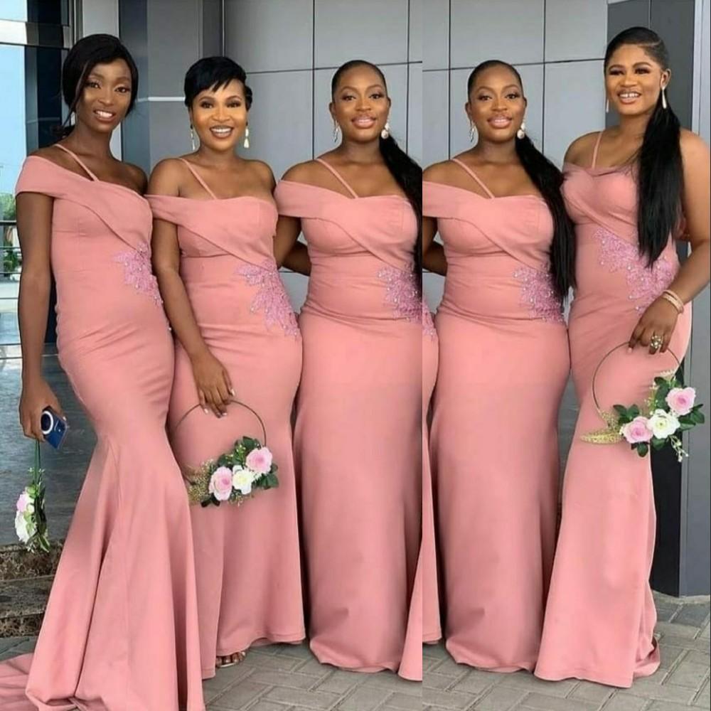 Sexy Dusty Pink Aso Ebi Mermaid Bridesmaid Dresses Special Wedding Party Dress One Shoulder Lace Appliques Sweep Train Maid of Honor Gowns Custom Made