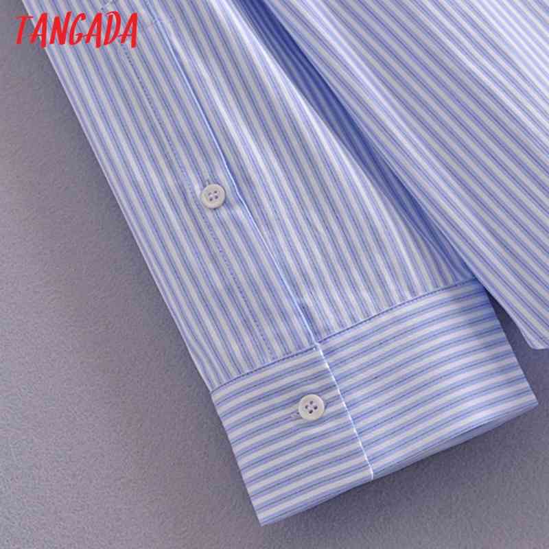 Women Blue Striped Boyfriend Style Shirt Turn Down Collar Long Sleeve Chic Female Casual Tops Blusas 3H196 210416