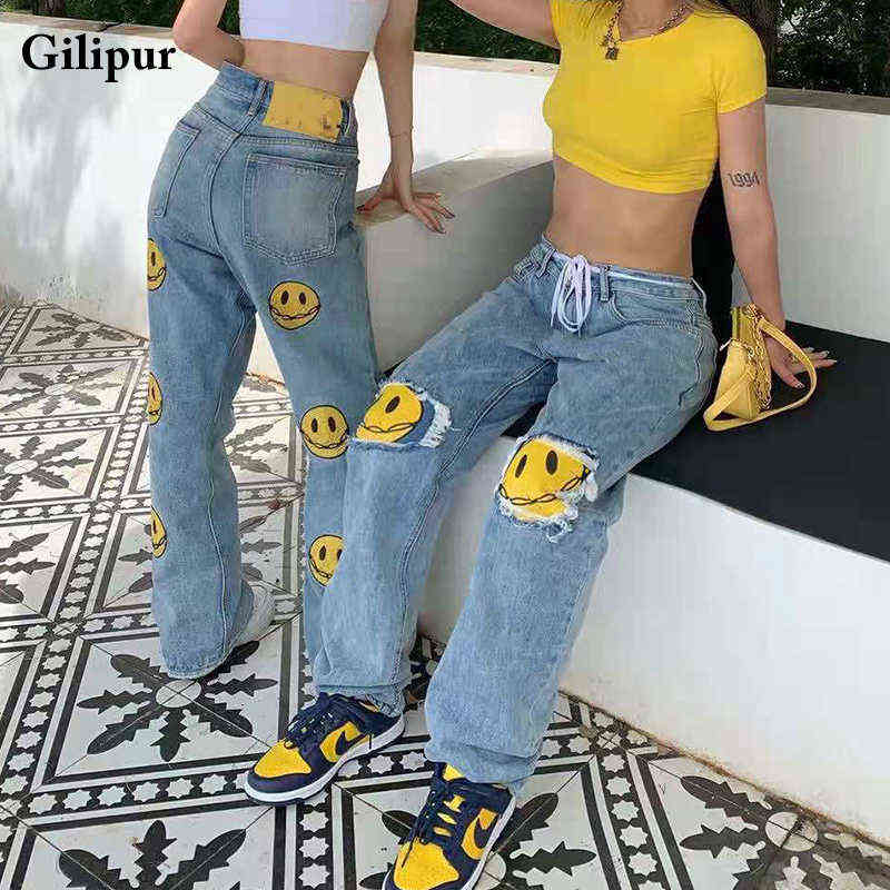 Printed Jeans Women Fashion Mom Baggy Straight Leg Pants Blue Loose Ripped Denim Trousers Long High Waist Streetwear 211129