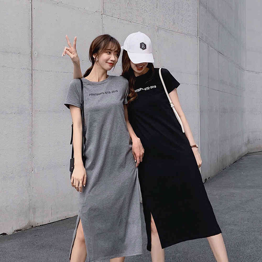 Summer Long Casual Dress for Women Loose Short Sleeve Straight Solid Letter Beach Maxi Dress Plus Size Ladies Shirt Dress 210518